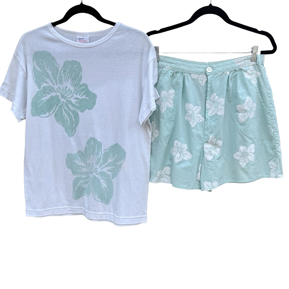 Avon Fashions Vintage 80s Floral Shorts Shirt Set Mint Green L Coastal Cottage